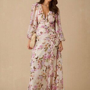 Pink Boho Women's Rose Print Maxi Dress